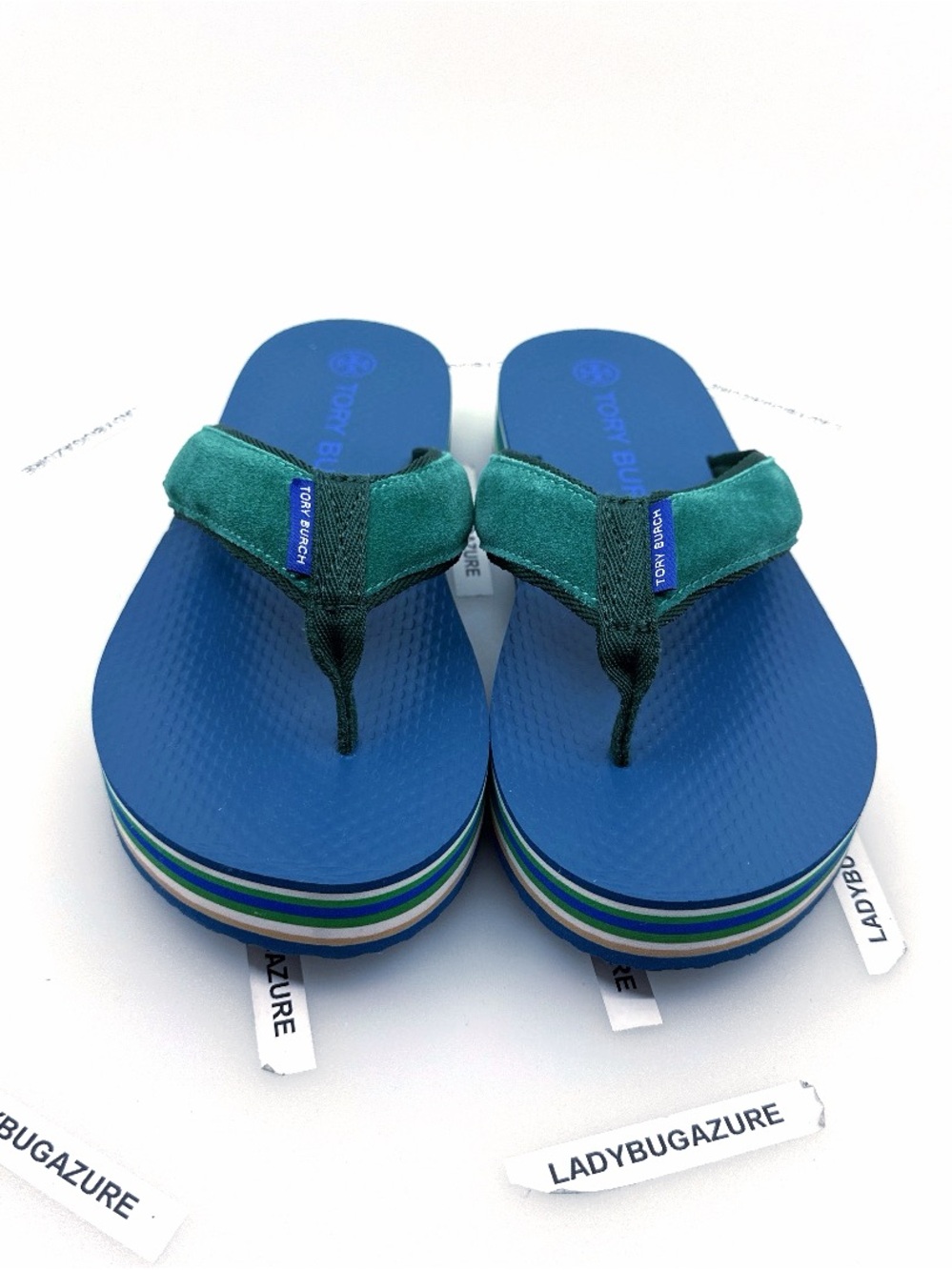 NWOB Tory Burch 70’s Platform Flip-Flop Green/Blue Suede Straps Sz7